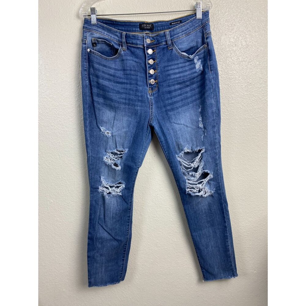 Judy Blue High Rise Skinny Fit Size 32 Blue Distressed Stretch Denim
